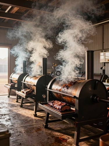 Wide interior shot of a commercial smokehouse with multiple large offset smokers running simultaneously, heavy white smoke rising to the ceiling, a pit master checking a thermometer probe in a brisket, warm amber morning light through a side door