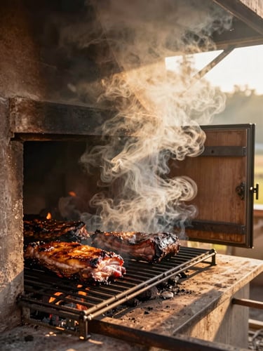 Wide smokehouse interior at golden morning light, thick oak smoke pouring from an open pit door to the right, whole briskets resting on iron grates, warm amber tones, no people visible