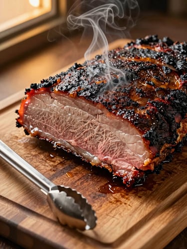 Extreme close-up of smoked brisket cross-section on a heavy oak cutting board, thick smoke ring visible in the bark-crusted edge, rendered in warm golden ambient light from an open smokehouse door just out of frame, tongs resting in the lower left corner