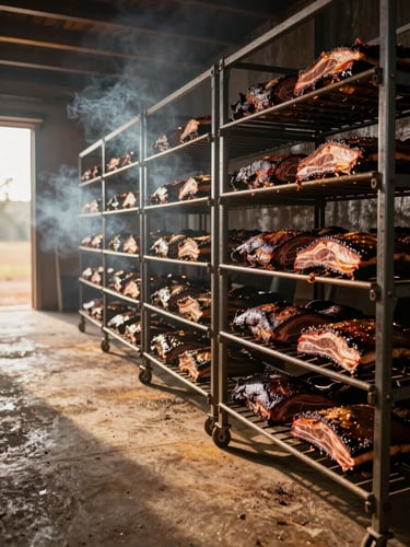 Wide environmental shot inside a large smokehouse bay, dozens of full brisket flats resting on wire racks under warm amber work-light, smoke curling toward open barn doors at left edge, golden-hour daylight cutting across the concrete floor — staging for a major catering event, no people visible, documentary framing