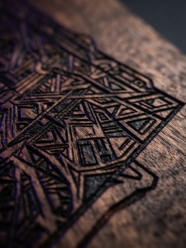 Macro close-up of a laser-engraved walnut slab, crisp details of burnt wood grain, dramatic studio lighting with electric-violet accents