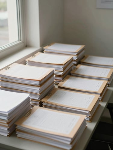 Wide environmental shot of an organized accounting office, stacks of labeled document folders aligned on a desk under soft neutral daylight from a window to the left, no people visible, clean and orderly composition