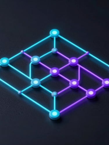 Isometric view of a clean node-based automation diagram showing real-time threat detection pathways, cyan and purple glowing lines, dark background
