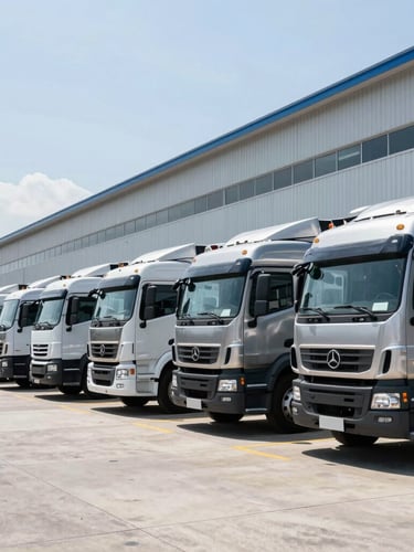 Wide environmental shot of a modern clean logistics hub in Colombia, commercial trucks aligned in a neat row under bright daylight, cool steel tones, 35mm lens.