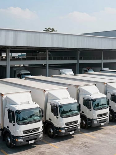 Wide environmental shot of a modern Colombian logistics hub, clean commercial trucks lined up, bright morning daylight, cool steel tones, 35mm lens.