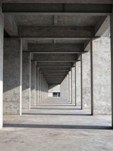 Wide architectural perspective of clean concrete pillars and steel beams aligning in perfect symmetry, cool morning daylight, sharp crisp shadows