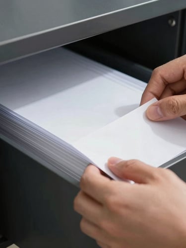 Macro close-up of hands organizing clean white document folders in a matte black cabinet, sharp shadows, cool daylight.