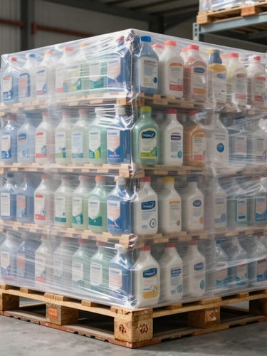 A crisp, high-clarity vertical shot of perfectly shrink-wrapped pallets of household essentials stacked in clean steel warehouse bays, bright daylight.