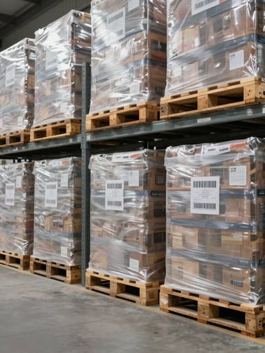 Wide-angle, high-clarity shot of organized industrial warehouse bays with shrink-wrapped pallets stacked on steel racks, bright neutral daylight, sharp focus on barcode labels.