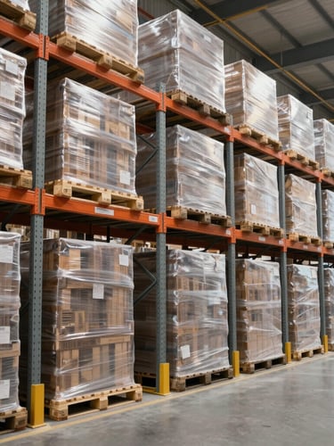 Wide environmental shot of a modern high-volume warehouse bay, organized shrink-wrapped pallets stacked on towering steel racks, bright neutral industrial daylight, high-clarity technical composition.