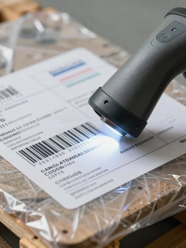 Tight macro detail of a barcode scanner illuminating a technical shipping label on a shrink-wrapped electronics pallet, bright neutral daylight.