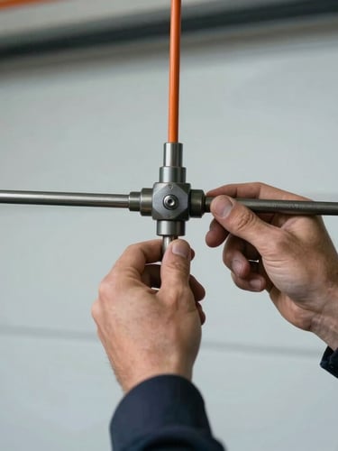 Technician's hands adjusting a garage door tension rod, macro shot, natural daylight, sharp focus, industrial setting, high-contrast cool tones with orange accents, authentic industrial photography, 35mm lens.