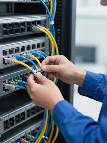 Close-up of a certified technician in a blue uniform neatly organizing blue and yellow ethernet cables inside an enterprise server rack, bright clean office lighting, shallow depth of field, 50mm