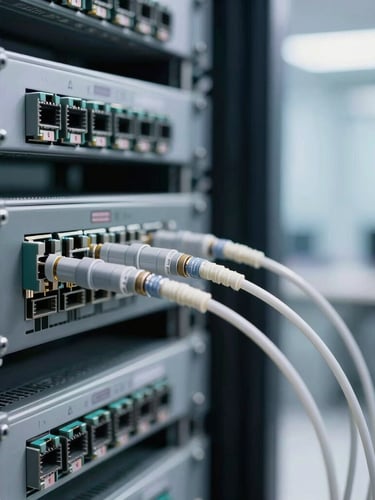 Close-up of structured fiber optic termination and neatly organized patch panels in a bright modern server room, shallow depth of field, cool-toned lighting.