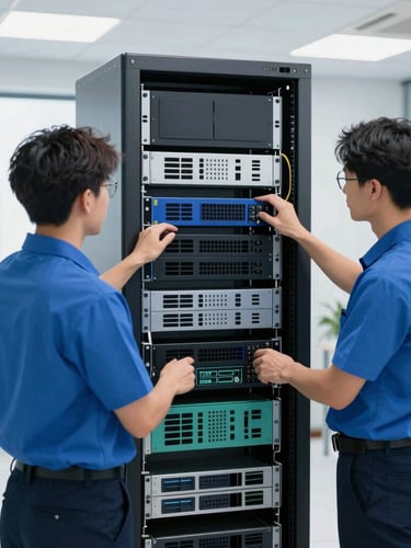 Crisp corporate photography, professional IT technicians in neat blue uniforms working on structured server racks in a bright, clean server room, 50mm lens.