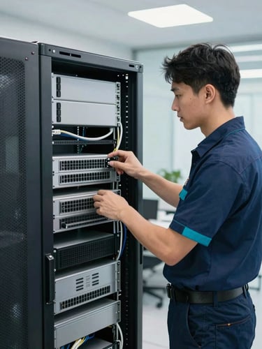 A certified technician in a neat uniform working on a structured server rack, bright cool-toned office lighting, clean cable management, shallow depth of field, 50mm