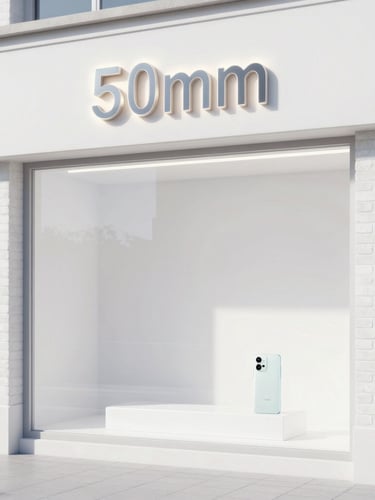 Bright high-key product photography of a modern storefront window, clean white brick facade, glowing sign, daytime, crisp studio-like natural light, 50mm