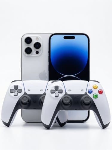Bright high-key studio photograph of a modern unlocked smartphone and a sleek gaming controller side by side, clean white background, crisp studio light, sharp focus