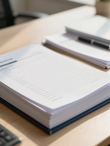 A professional, close-up environmental shot of a neat desk in a sunlit Bengaluru office. Neatly organized tax ledgers and corporate documents lie under soft, warm natural daylight. Shallow depth of field, 35mm editorial photography.