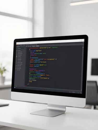 High-resolution code interface on a clean vertical monitor, bright natural daylight, minimalist white office setting, sharp focus, professional tech photography