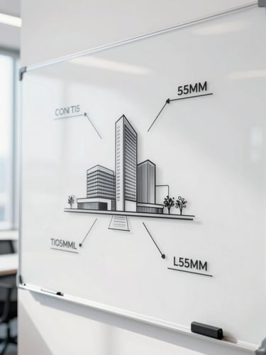 Abstract architectural tech diagram on a clean white whiteboard, sharp focus, bright daylight, professional corporate setting