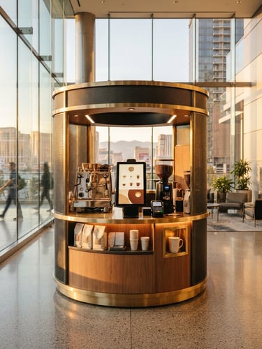 A sleek, modern automated Marley Coffee kiosk standing in a bright, sunlit glass lobby of a Las Vegas corporate building, warm golden-hour light reflecting off brushed brass accents