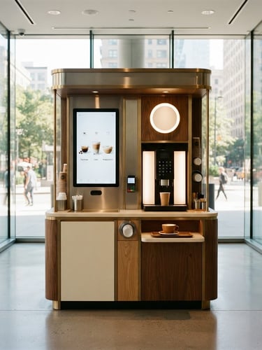 Straight-on architectural shot of a sleek automated Marley Coffee kiosk in a modern sunlit glass lobby, warm commercial photography with rich espresso and cream tones, sharp focus, 35mm