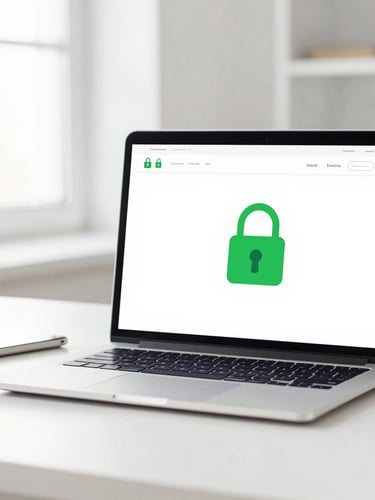 Bright high-key editorial photography of a clean minimalist tech workspace, soft natural daylight, showing a laptop screen displaying a secure website with a bright green padlock icon, 35mm, shallow depth of field