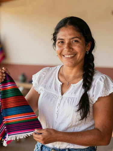 Portrait of a proud Colombian woman entrepreneur in Nariño, smiling warmly, holding her handmade textile product in a sunlit workshop, warm editorial photography, 35mm lens.