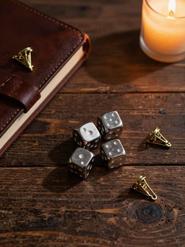 Overhead flat lay of heavy metal tabletop dice, a leather-bound journal, and brass lapel pins resting on a dark rustic oak table, warm candlelight casting long shadows