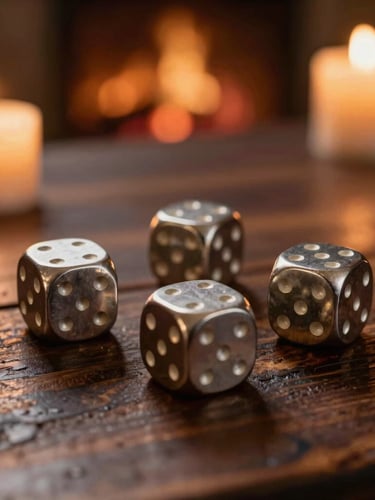 Close-up of heavy solid metal gaming dice resting on a dark rustic oak tavern table, warm candlelit side-lighting, soft gold embers in background, shallow depth of field