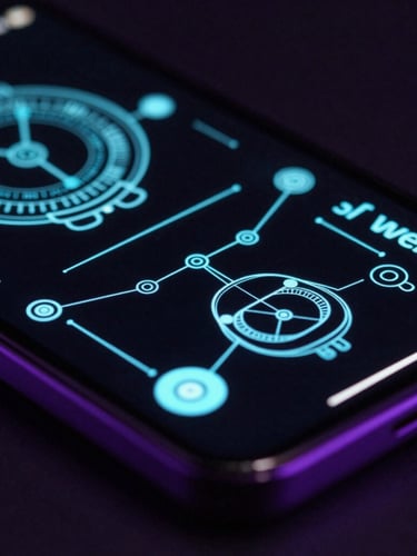 Close-up macro shot of a flagship Android screen displaying complex neon-cyan wireframe schematics, dark high-contrast studio setting, deep violet rim lighting, sharp focus, 35mm