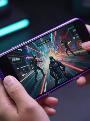 Macro close-up of hands holding a modern gaming phone, neon violet rim light reflecting off the screen displaying an intense action sequence, sharp focus