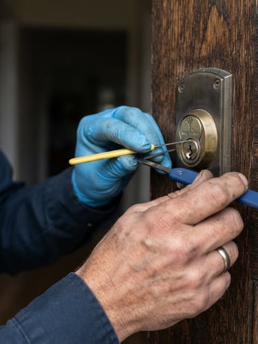 Macro shot of a locksmith's hands carefully adjusting a high-security lock cylinder on a wooden front door, bright natural afternoon light, 35mm lens, realistic service photography
