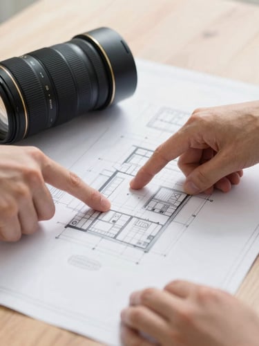 Close-up of hands pointing to an architectural blueprint on a wooden table, bright natural daylight, deep navy and gold tones, sharp focus