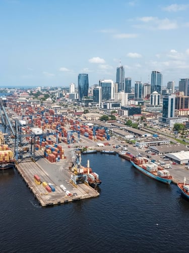 Wide environmental architectural shot of the Douala port and modern skyline under bright daylight, clean corporate composition, 35mm lens