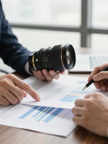 Close-up macro shot of hands reviewing financial models and local regulatory documents on a dark wooden table, bright daylight from a side window, premium corporate feel