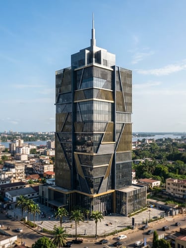 Bright sunlight illuminating a modern corporate office tower in Douala, architectural shadows, sharp focus, 35mm lens