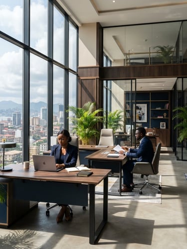 An elegant, bright corporate office interior in Douala, natural light streaming through high windows, architectural shadows, professional atmosphere.