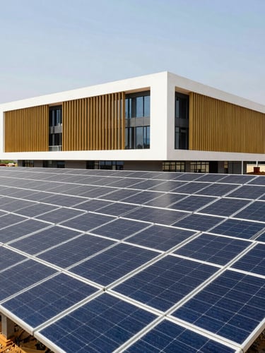 A modern infrastructure project in Cameroon under bright daylight, clean architectural lines of solar arrays, professional focus.