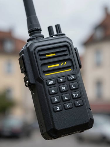 Extreme close-up of a hardened tactical communication transceiver node, matte black metal casing with signal yellow accents, cold overcast European daylight, sharp rim lighting, technical focus.