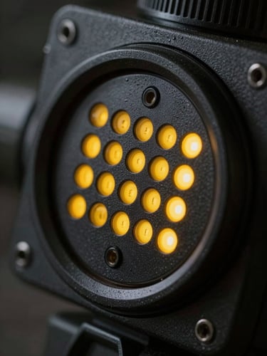 Extreme close-up of a tactile military hardware interface, low-key studio lighting with sharp rim lights, signal yellow status indicators on matte black casing.
