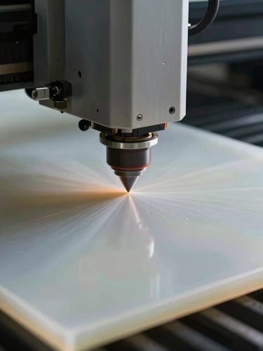 Extreme close-up of an automated laser cutting head slicing through ultra-high-molecular-weight polyethylene sheets in a dark factory