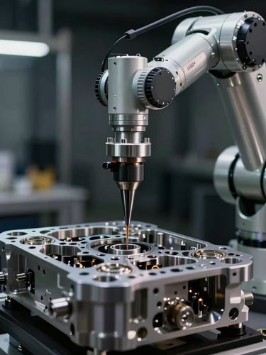 Close-up of a robotic arm precision-milling a metallic hardware chassis in a dark, high-contrast automated factory