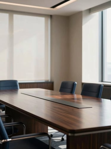 An elegant, empty executive boardroom with a polished dark wood table reflecting soft natural daylight from large windows, minimalist architectural composition