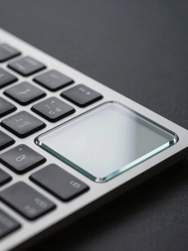 Macro shot of a high-end keyboard and glass trackpad, low-key dramatic lighting, sharp silver highlights, dark charcoal backdrop.