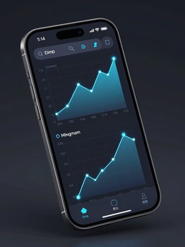 Isometric view of a high-fidelity mobile interface mockup displaying clean data visualization graphs, dark mode UI, glowing electric blue nodes, sharp studio lighting.