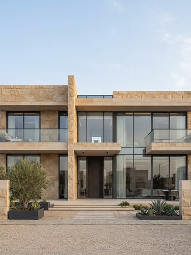 Straight-on architectural elevation of a modern luxury villa in Riyadh, warm limestone facade, large floor-to-ceiling glass windows, soft natural daylight, minimalist landscaping, editorial architectural photography, 35mm lens