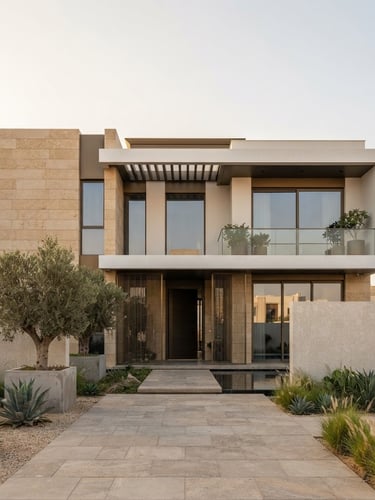 Straight-on architectural photography of a luxury modern villa facade in Riyadh, clean lines, natural daylight, warm sand-beige stone, minimalist landscape, editorial composition, 35mm lens