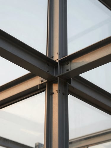 Architectural close-up of structural steel joints and premium double-glazed glass panels, soft natural daylight, sharp focus on the alignment of the metal frame